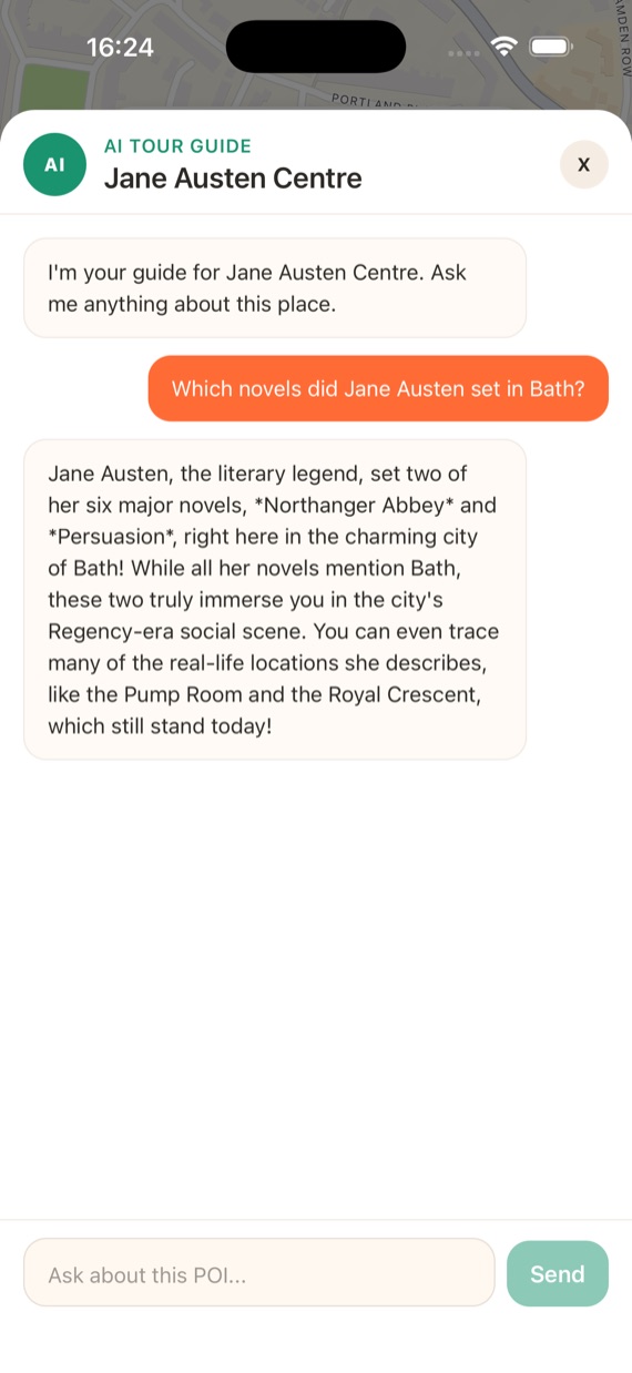 AI tour guide answering a question about the Jane Austen Centre