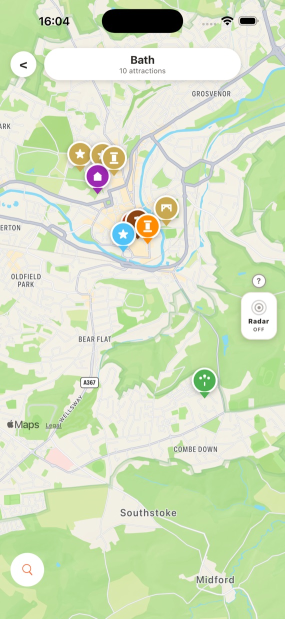 Gingerguide map of Bath showing nearby attractions