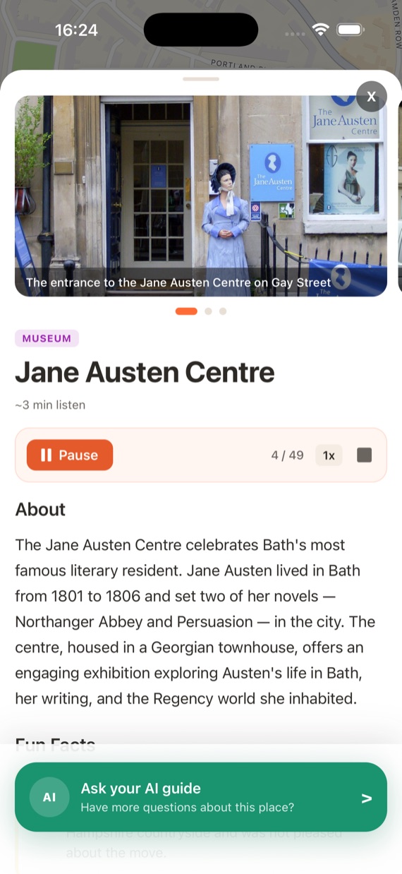 Audio narration playing for the Jane Austen Centre in Bath
